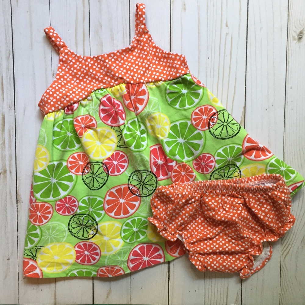 Citrus Fruit Print Orange Green Yellow Dress Set